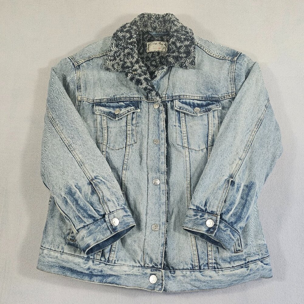 We The Free Jacket Womens XS Oversized Blue Denim Sherpa Leopard Lined